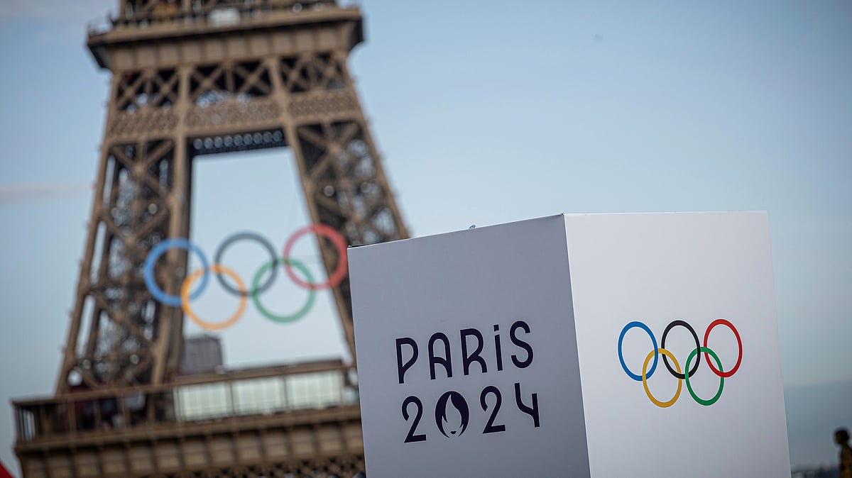 The Olympic rings are seen on the Eiffel Tower, Sunday, July 14, 2024, in Paris.

 -  (AP Photo/Aurelien Morissard)
